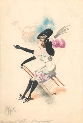 CPA CARTE PEINTE / DESSIN ORIGINAL / Femme avec chapeau sur une chaise et fumant une cigarette