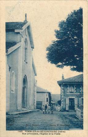 CPA FRANCE 38 " Pommier de Beaurepaire, Rue principale, l'église et la Poste"