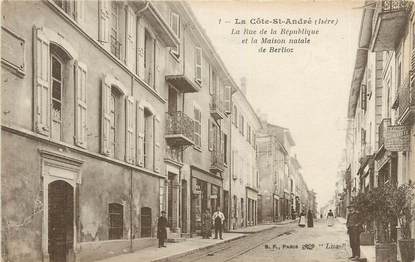 CPA FRANCE 38 " La Côte St André, Rue de la République et la maison natale de Berlioz"