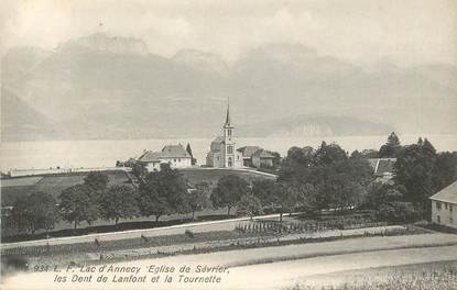 CPA FRANCE 74 " Sevrier, Le Lac d'Annecy, l'église, les dents de Lanfont et la Tournette"