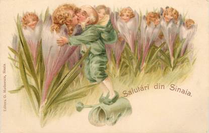 CPA  SURRÉALISME "Petit lutin et enfants  dans fleur"