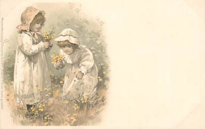 CPA ENFANT  dessiné "Petites filles ramassant les fleurs"   /  Editeur AMB