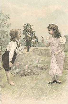 CPA ENFANT  dessiné "petit garçon offrant des fleurs"   /  Editeur AMB