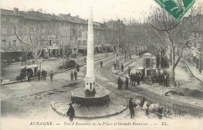 CPA FRANCE 13 " Aubagne, Vue d'ensemble de la Place de l'Obélisque et Grande Fontaine"