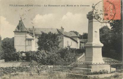 CPA FRANCE 38 " Ville sous Anjou, Le monument aux morts et le château"