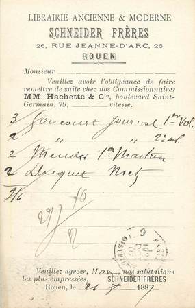 CPA FRANCE 76 "Rouen, Librairie ancienne et moderne, SCHNEIDER Frères" / RARE 1887
