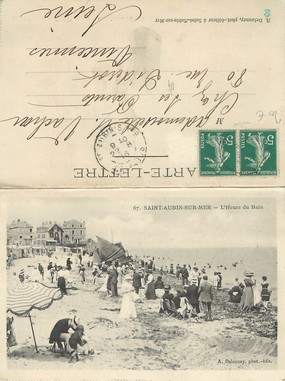 CPA LIVRET FRANCE 14 "Saint Aubin sur Mer, l'heure du bain, église et chalet Normand" / CARTE DOUBLE