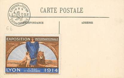 MARCOPHILIE VIGNETTE sur CPA Exposition Internationale de Lyon 1914