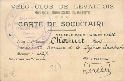 CPA / PETIT PAPIER FRANCE 92 "Levallois, Carte de sociétaire Vélo Club" / CYCLISME