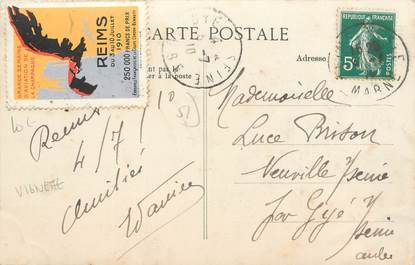 MARCOPHILIE VIGNETTE sur CPA FRANCE 51 "Reims" / Vignette aviation 1910