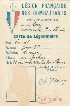 CARTE DE LEGIONNAIRE / 1941 LEGION FRANCAISE DES COMBATTANTS