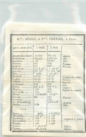 RARE DOCUMENT SUR LA BOURSE PARIS 1818