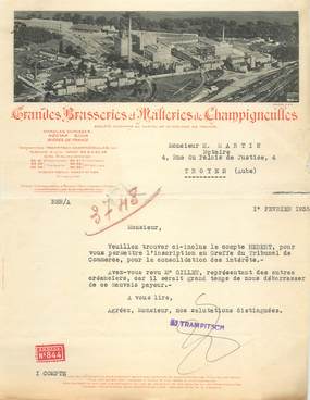 FACTURE FRANCE 10 "Brasseries et Malteries de Champigneulles, 1935"