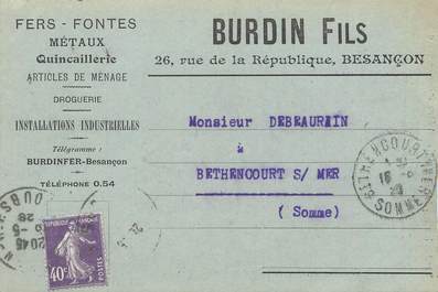 / CPA FRANCE 25 "Besançon, Burdin fils" / QUINCAILLERIE / CARTE PUBLICITAIRE