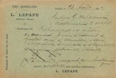 / CPA FRANCE 60 "Senlis, L. Lepape" / QUINCAILLERIE / CARTE PUBLICITAIRE