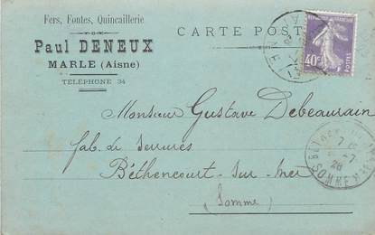 / CPA FRANCE 02 "Marle, Paul Deneux" / QUINCAILLERIE / CARTE PUBLICITAIRE