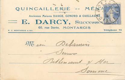 / CPA FRANCE 45 "Montargis, E. Darcy" / QUINCAILLERIE / CARTE PUBLICITAIRE