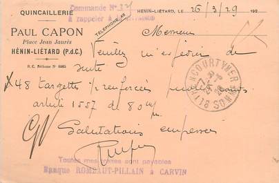 / CPA FRANCE 62 "Henin Liétard, Paul Capon" / QUINCAILLERIE / CARTE PUBLICITAIRE