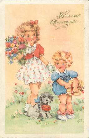 / CPA ILLUSTRATEUR ANDRÉ LUCE "2 petites filles avec bouquet de fleurs"