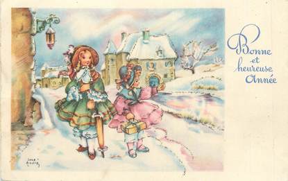 / CPA ILLUSTRATEUR ANDRÉ LUCE "Deux fillettes se promenant sur la neige"