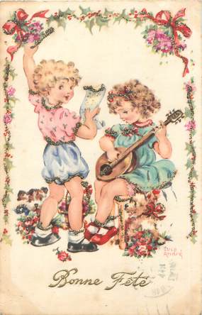 / CPA ILLUSTRATEUR ANDRÉ LUCE "Deux fillettes faisant de la musique" / PAILLETTES
