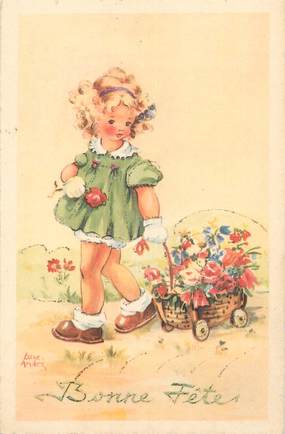 CPA ILLUSTRATEUR ANDRE LUCE "Petite fille et son chariot de fleurs"