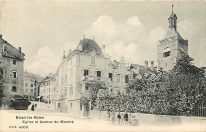 CPA FRANCE 74  "Evian les Bains, Eglise et avenue du Marché"