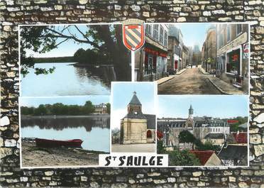 / CPSM FRANCE 58 "Saint Saulge, l'étang du merle, rue du commerce, étang de Vaux, la chapelle, l'église"