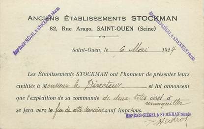 / CPA FRANCE 93 "Saint Ouen, anciens établissements Stockman" / CARTE PUBLICITAIRE