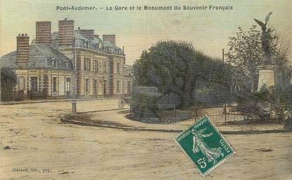 / CPA FRANCE 27 "Pont Audemer, la gare et le monument du souvenir français" / CARTE TOILEE