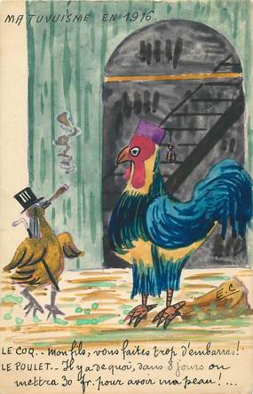 CPA CARTE PEINTE / CARTE DESSINÉE "Le Coq et le Poulet"