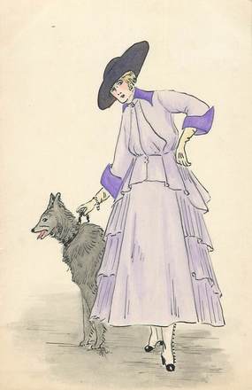 CPA CARTE PEINTE / CARTE DESSINÉE " Femme et son chien"