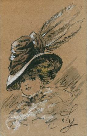 CPA CARTE PEINTE  / CARTE DESSINÉE "Femme au chapeau"